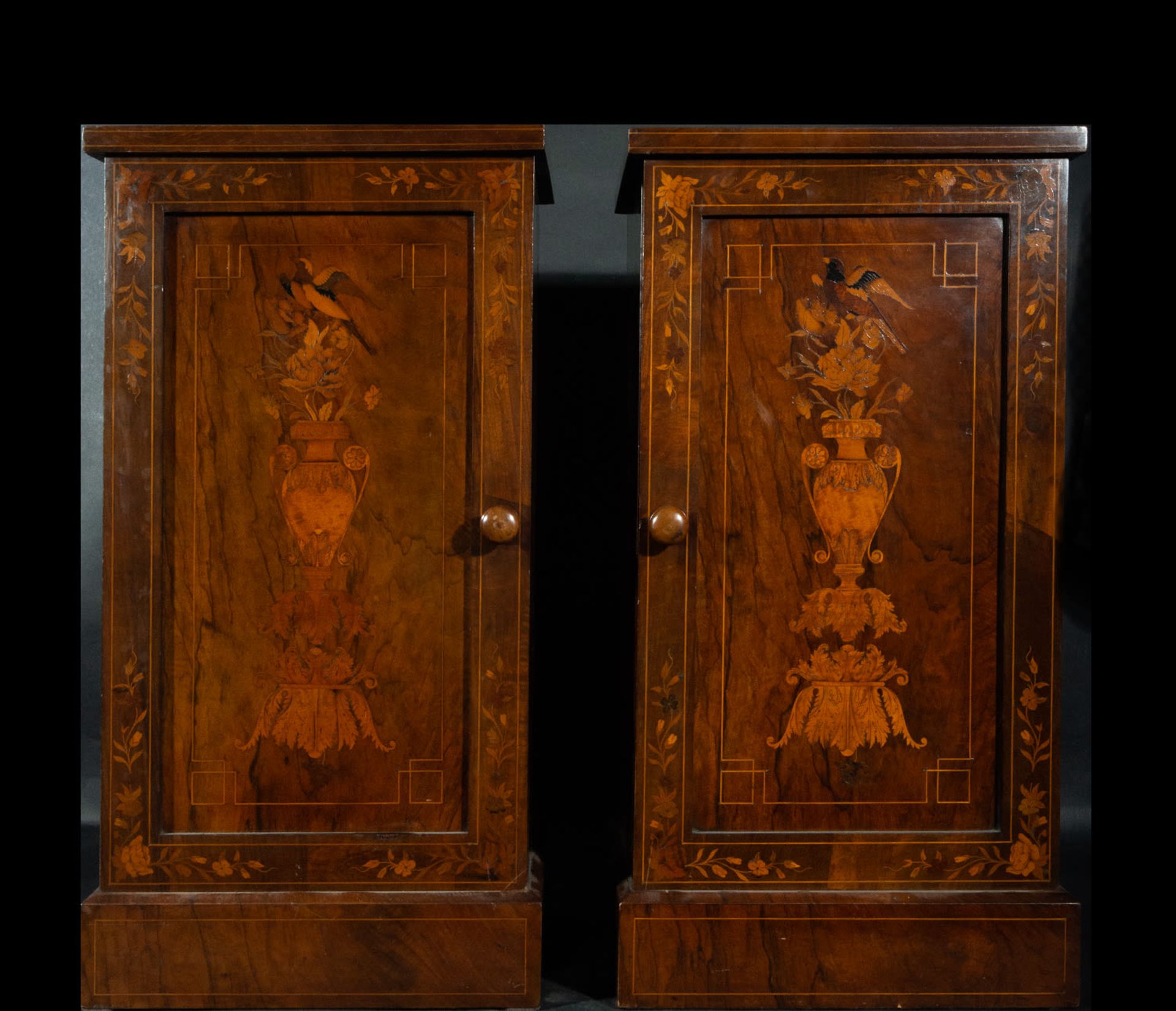 Important pair of English Regency-style Walnut root nightstands, England, 19th century