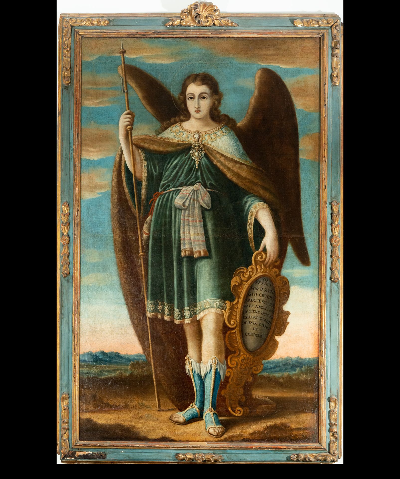 Important Archangel San Rafael with period frame, attributed to Bernabé de Ayala, 17th century