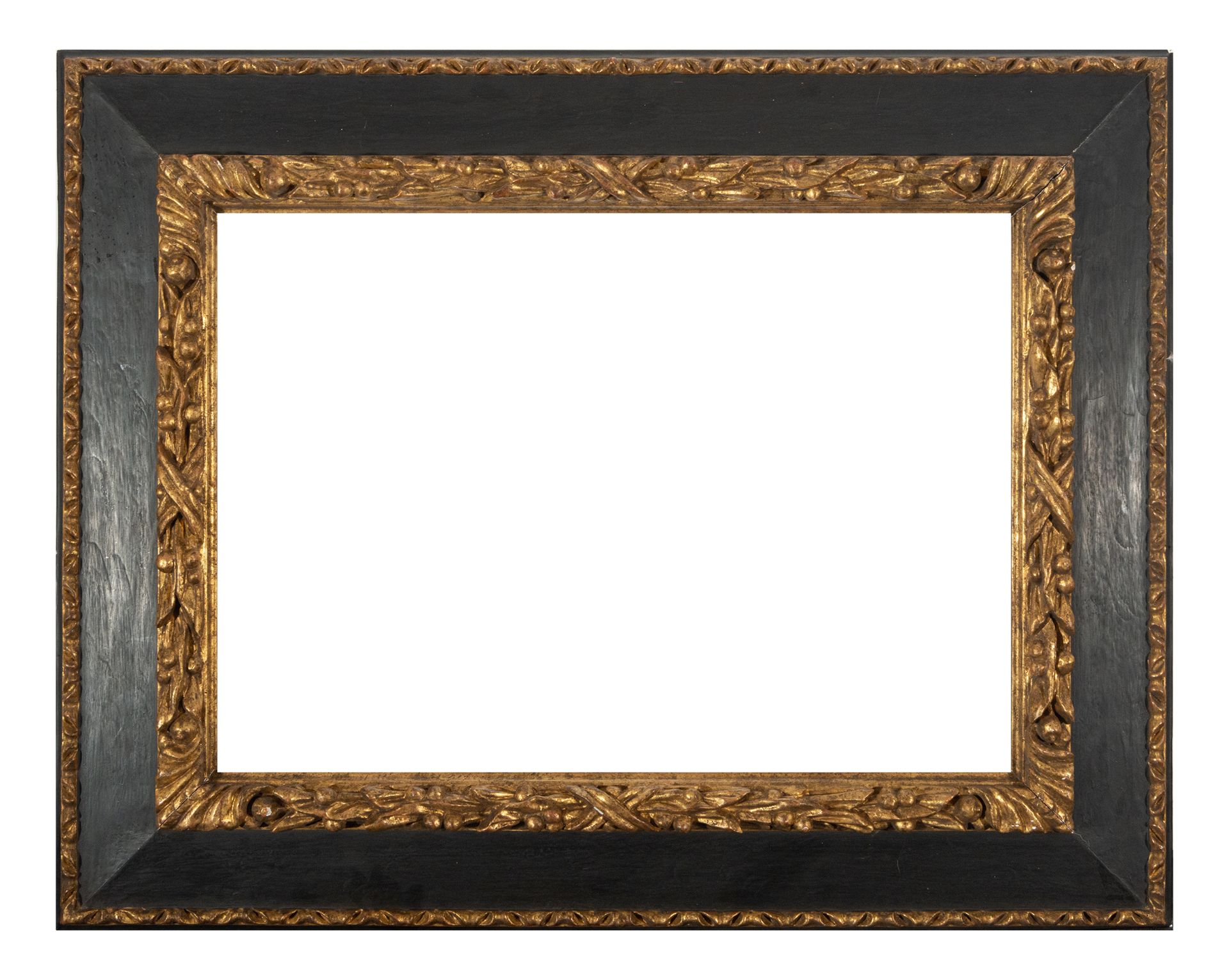 Spanish Baroque style frame in ebonized wood and carved gilt edges, 19th century