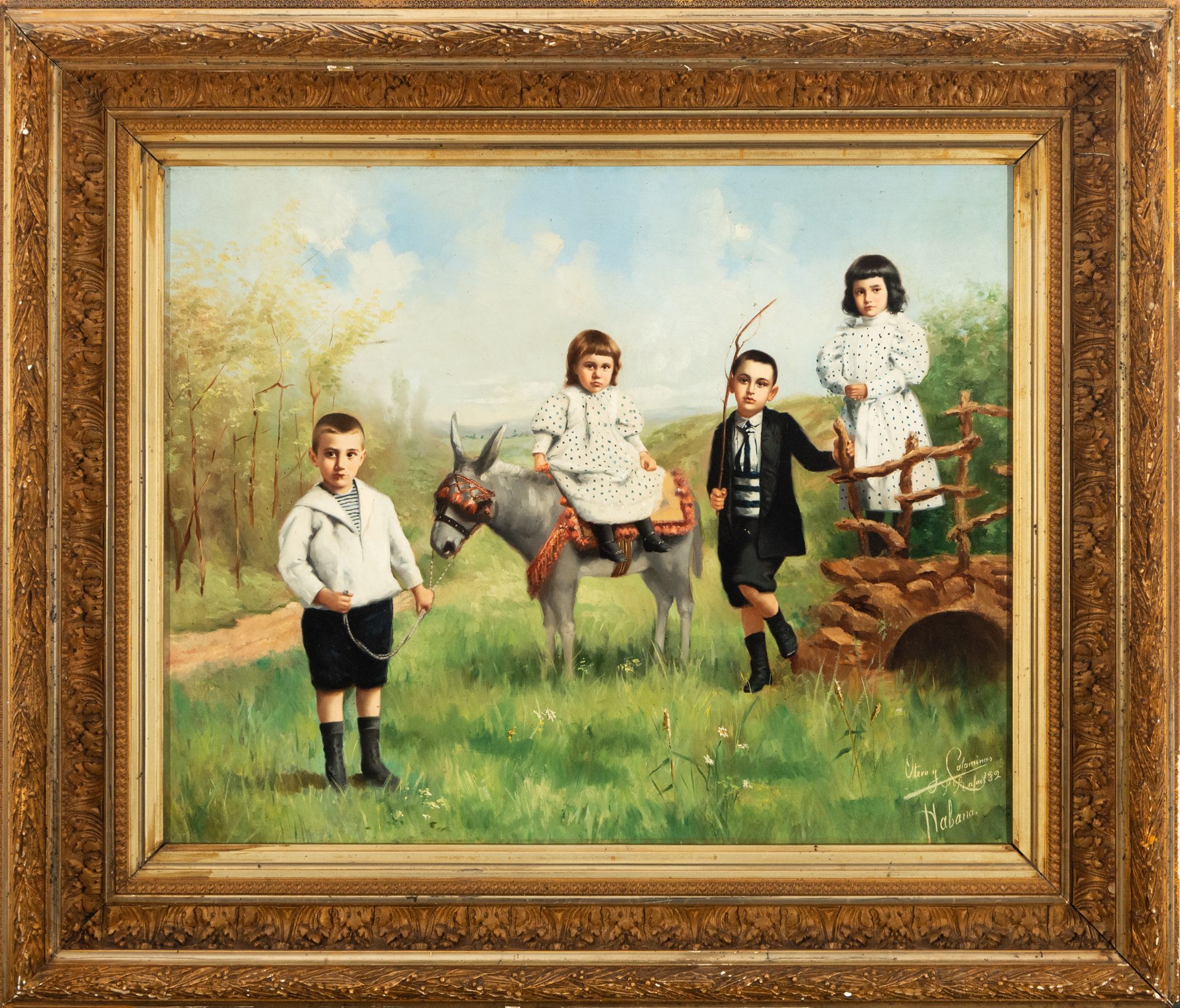 Portrait of three children in the countryside, oil version of a photograph by Otero y Colominas, Raf