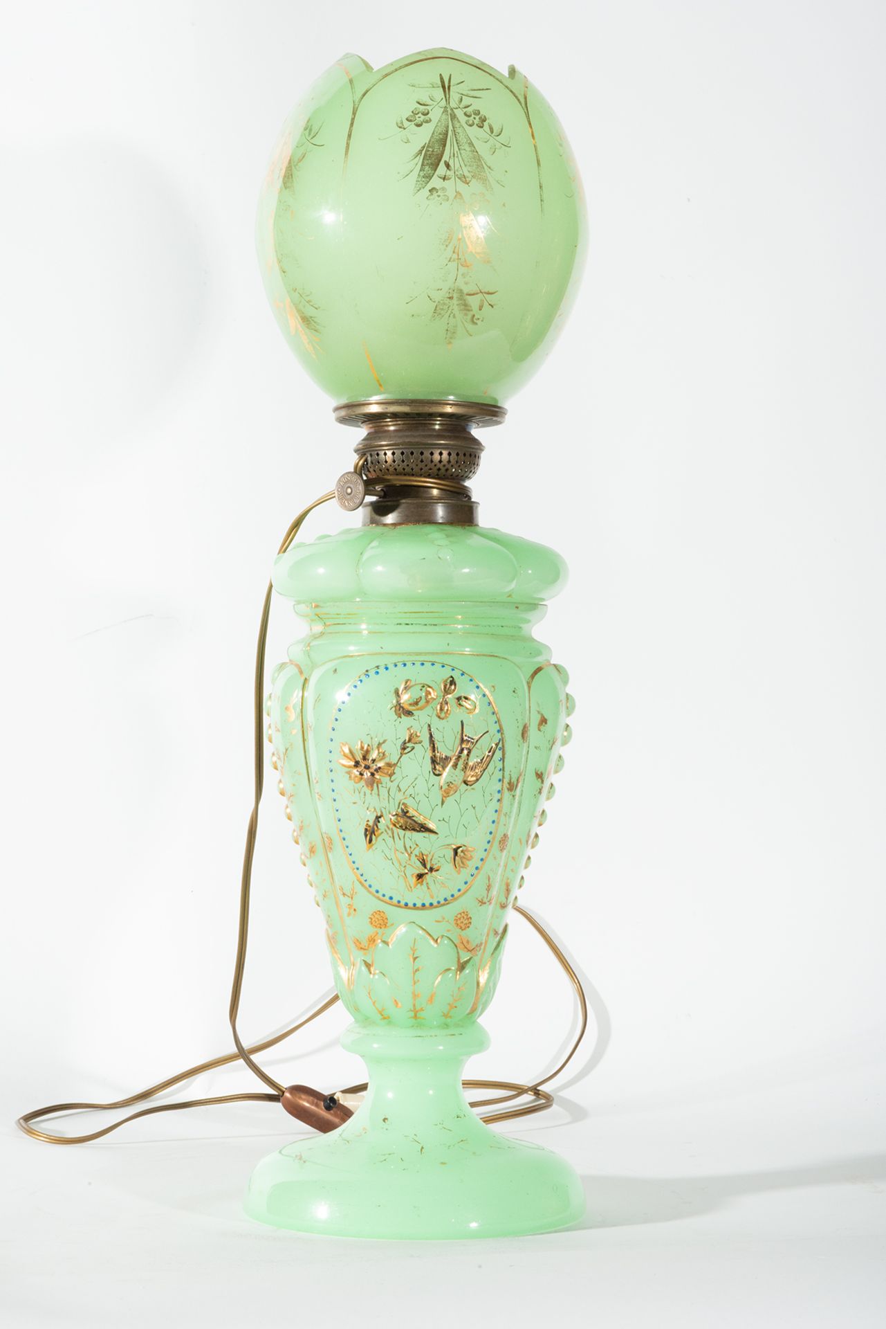 Green opaline electrified quinqué lamp, early 20th century