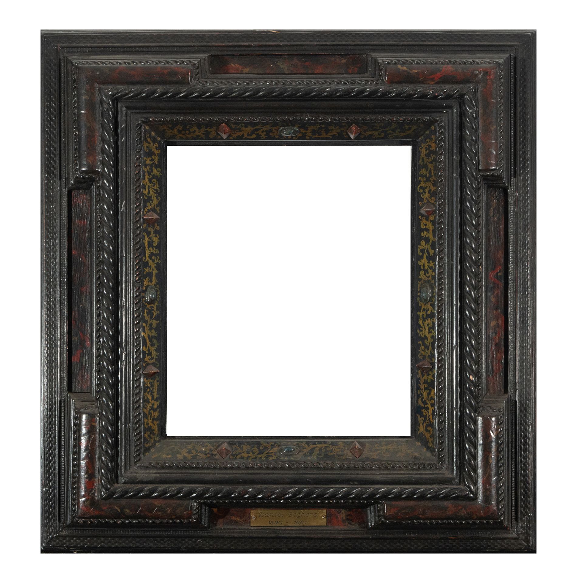 Flemish type frame in ebonized, polychrome and tortoiseshell-like curly wood, 19th century