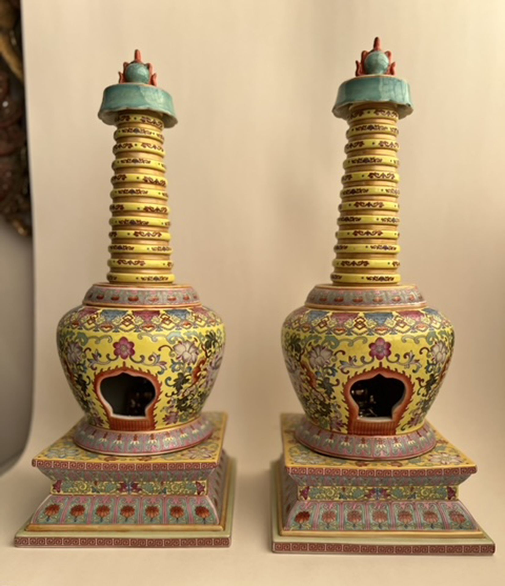 Large pair of famille rose stupas, Chinese school of the 20th century