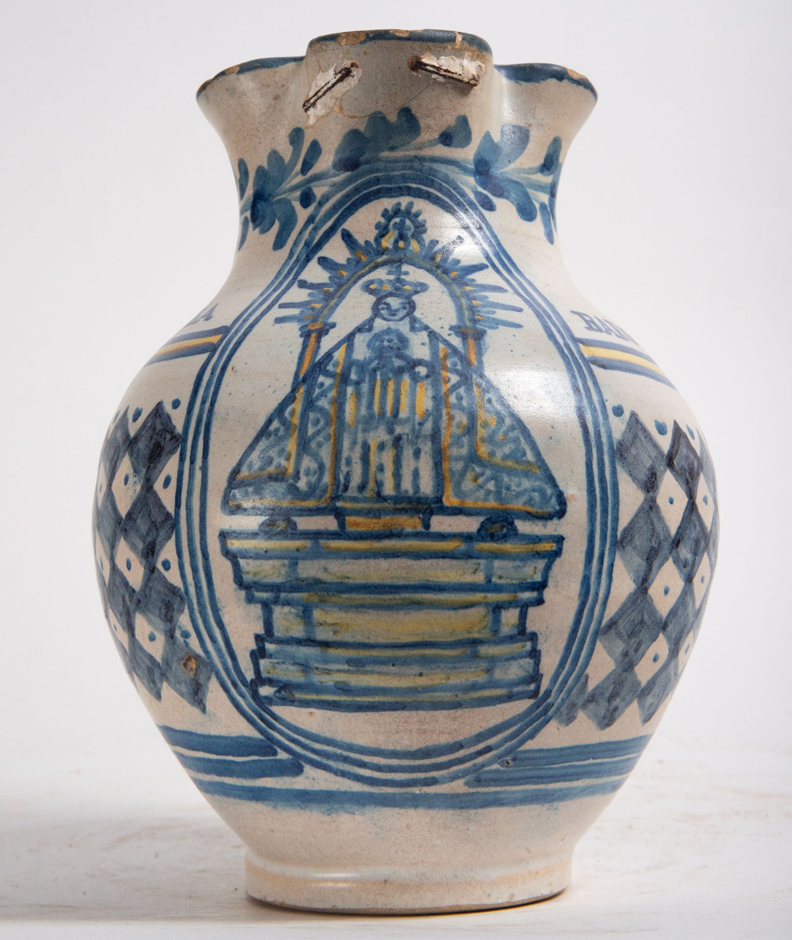 Rare Talavera jug in cobalt blue with the Virgin of Toledo, 19th century