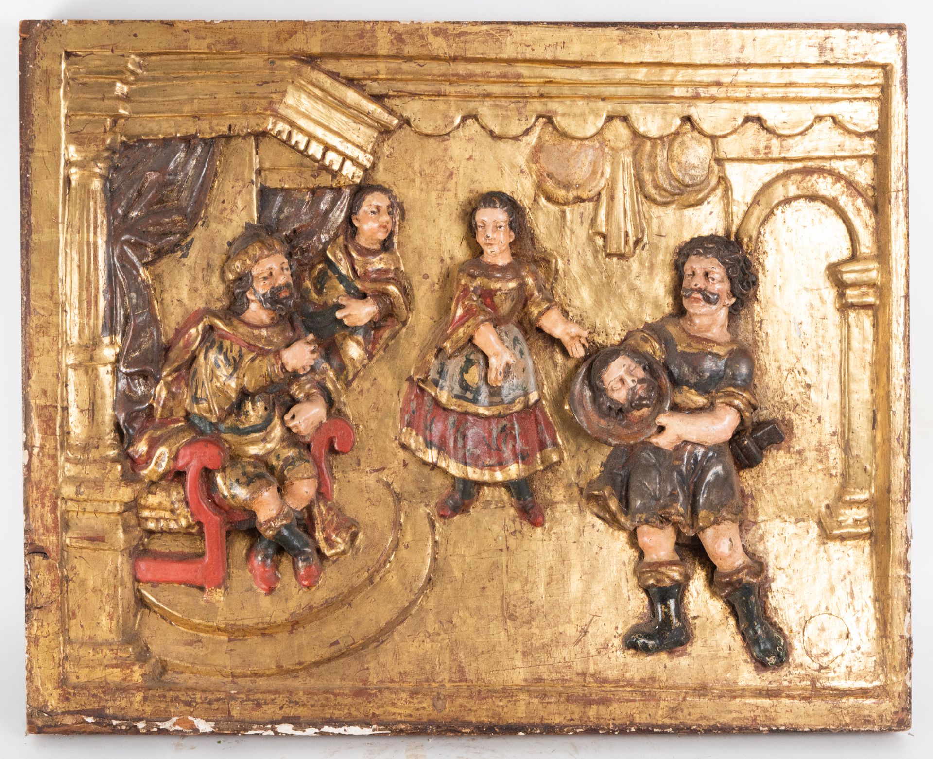 Relief of the Beheading of Saint John the Baptist in gilded and polychrome wood, Castile Plateresque