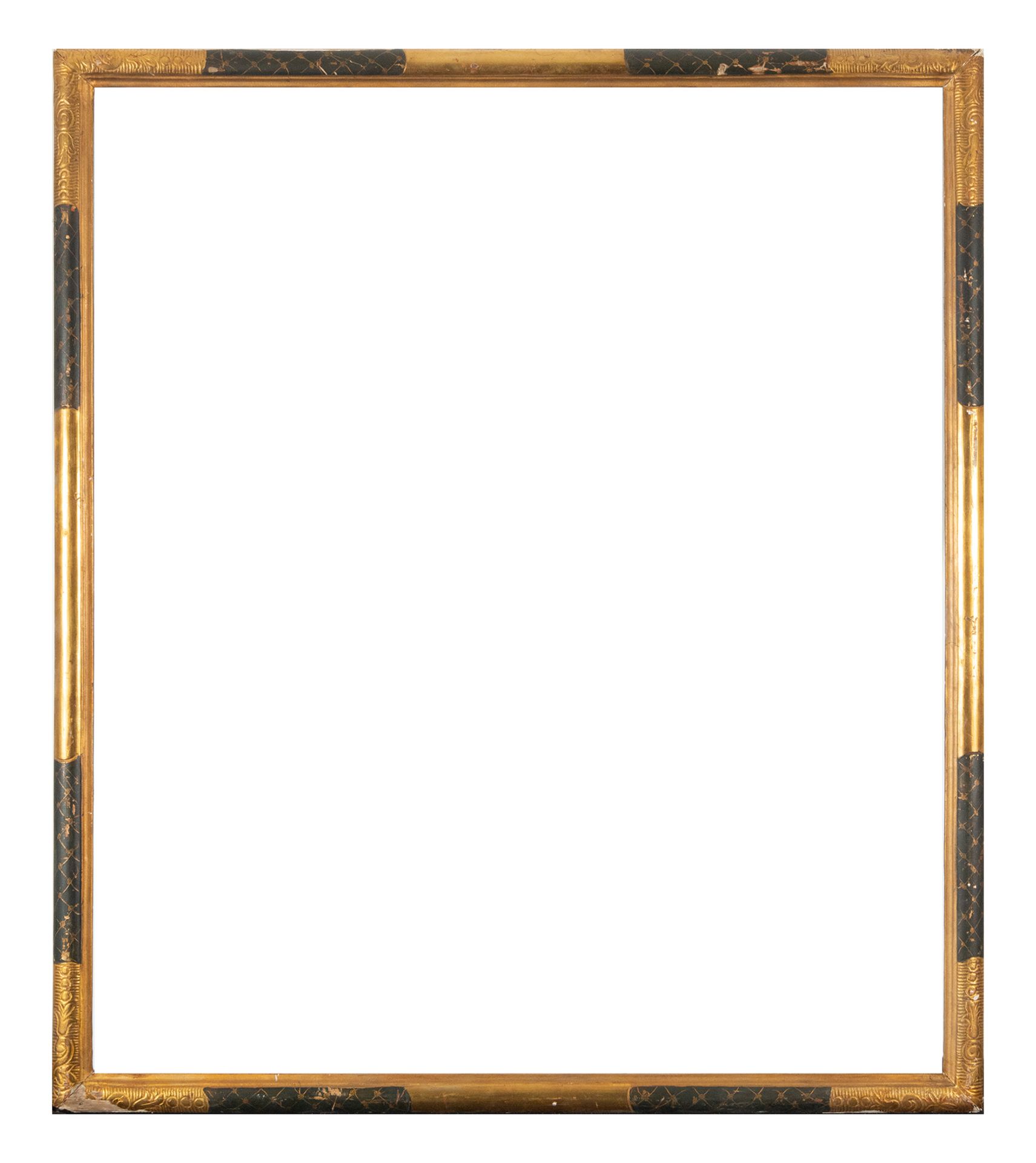 Hispano Flamenco style frame in gilded wood and ebonized and sgraffito stripes, 19th century
