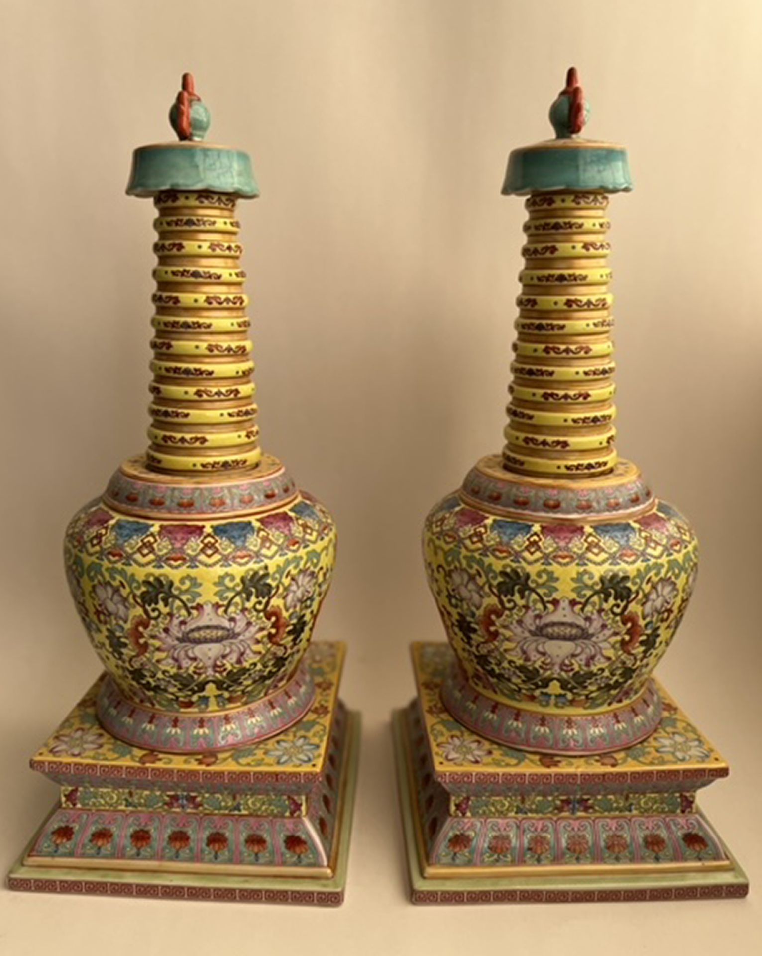Large pair of famille rose stupas, Chinese school of the 20th century - Image 2 of 8