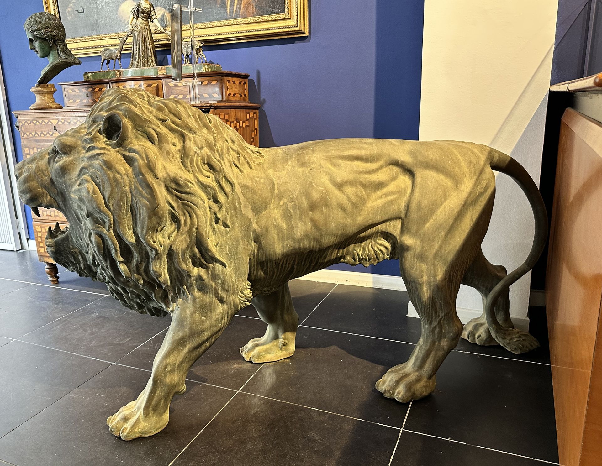 Important Large Pair of Life-Size African Lions, in Bronze, Neapolitan casting, 20th century