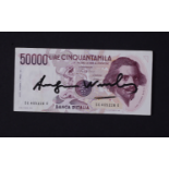 50,000 Lire signed by Andy Warhol, with author's certificate