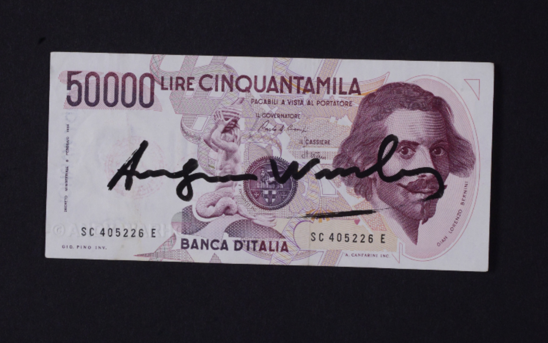 50,000 Lire signed by Andy Warhol, with author's certificate