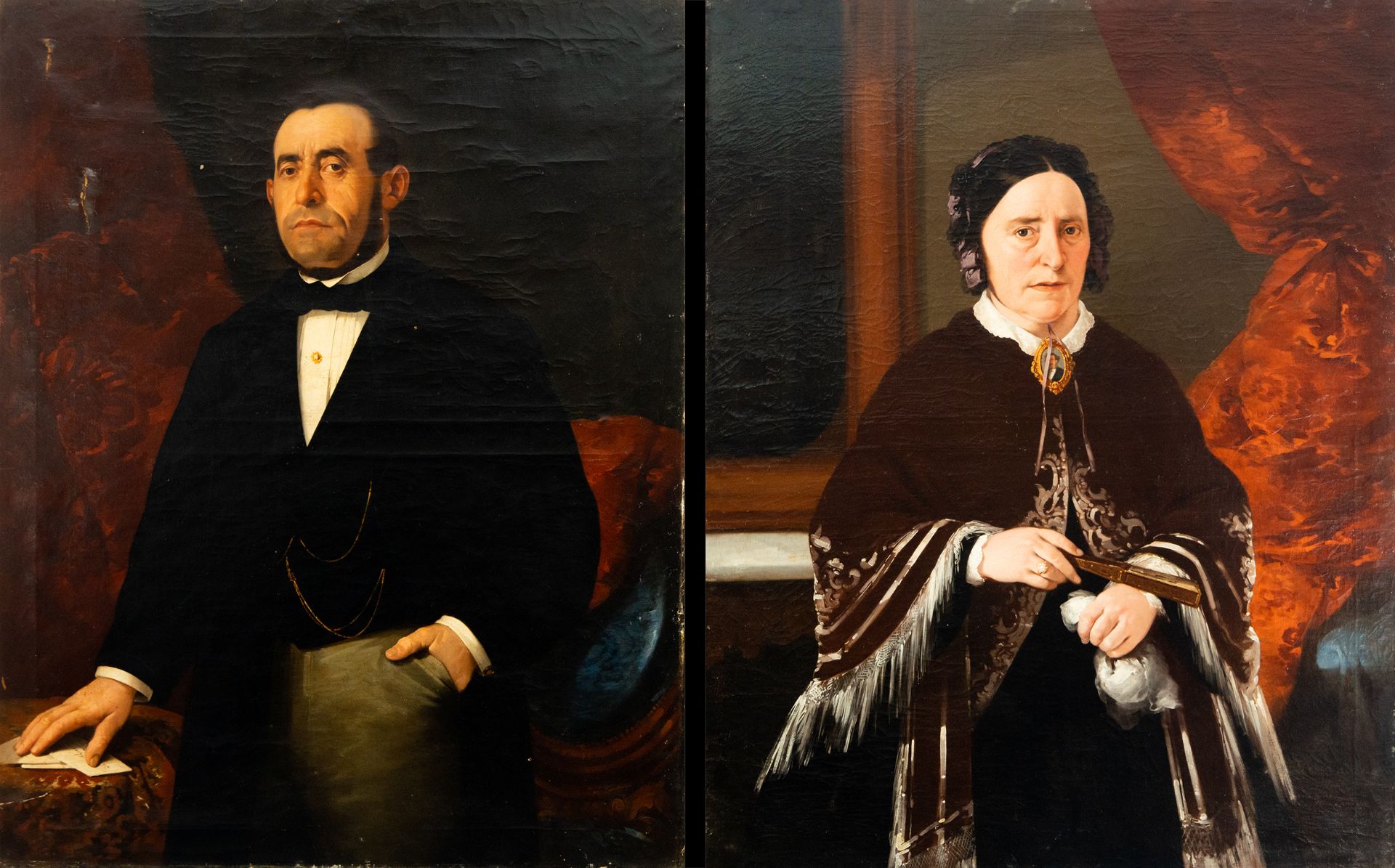 Pair of Large Nineteenth-Century Portraits of a Lady and a Gentleman, Luis Sánchez, Spanish school o