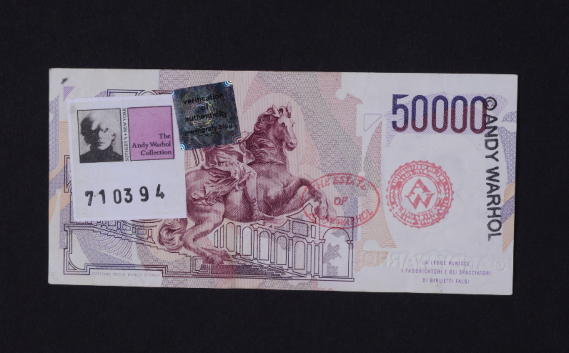 50,000 Lire signed by Andy Warhol, with author's certificate - Image 2 of 3