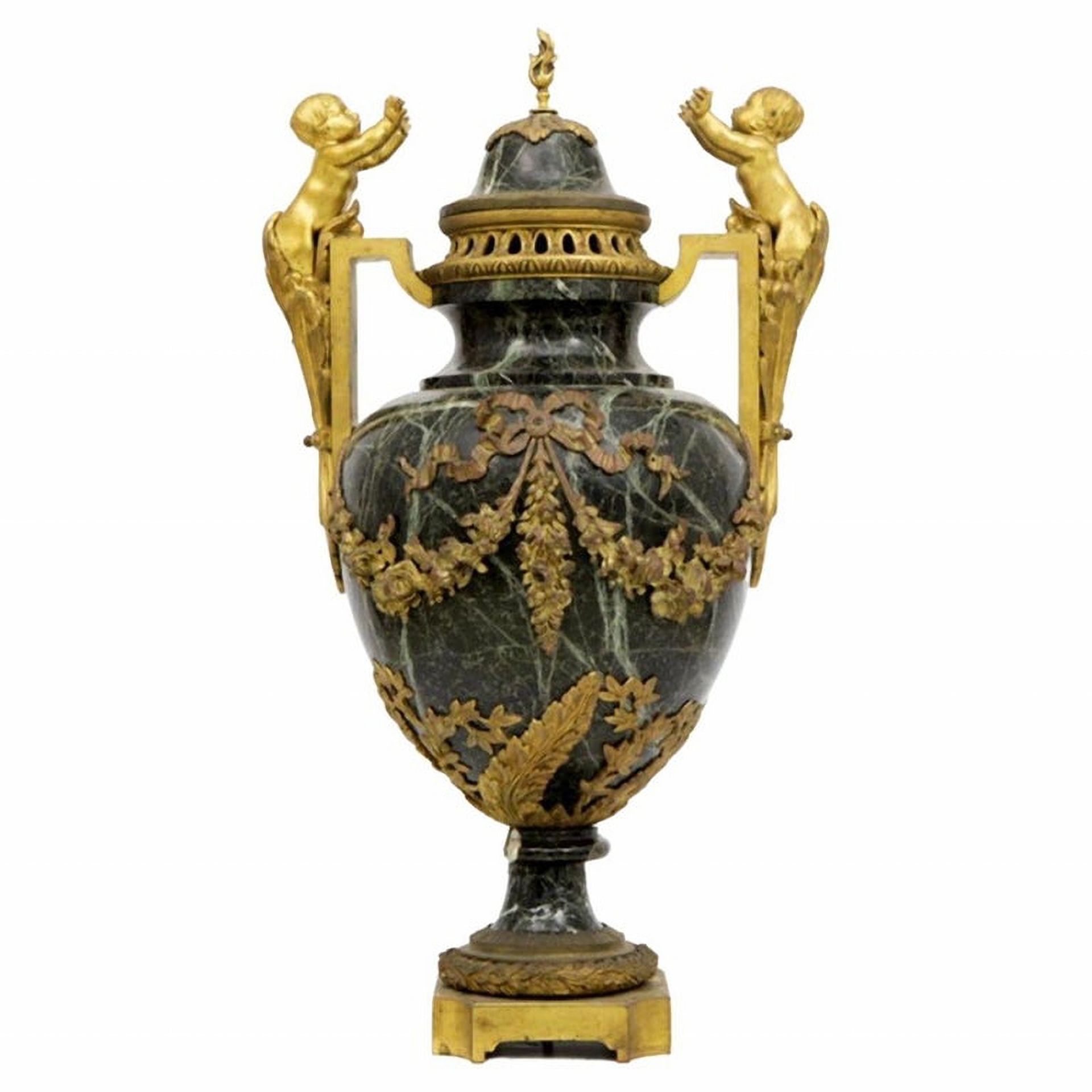 Large French censer vase in green marble and gilt bronze applications, 19th century