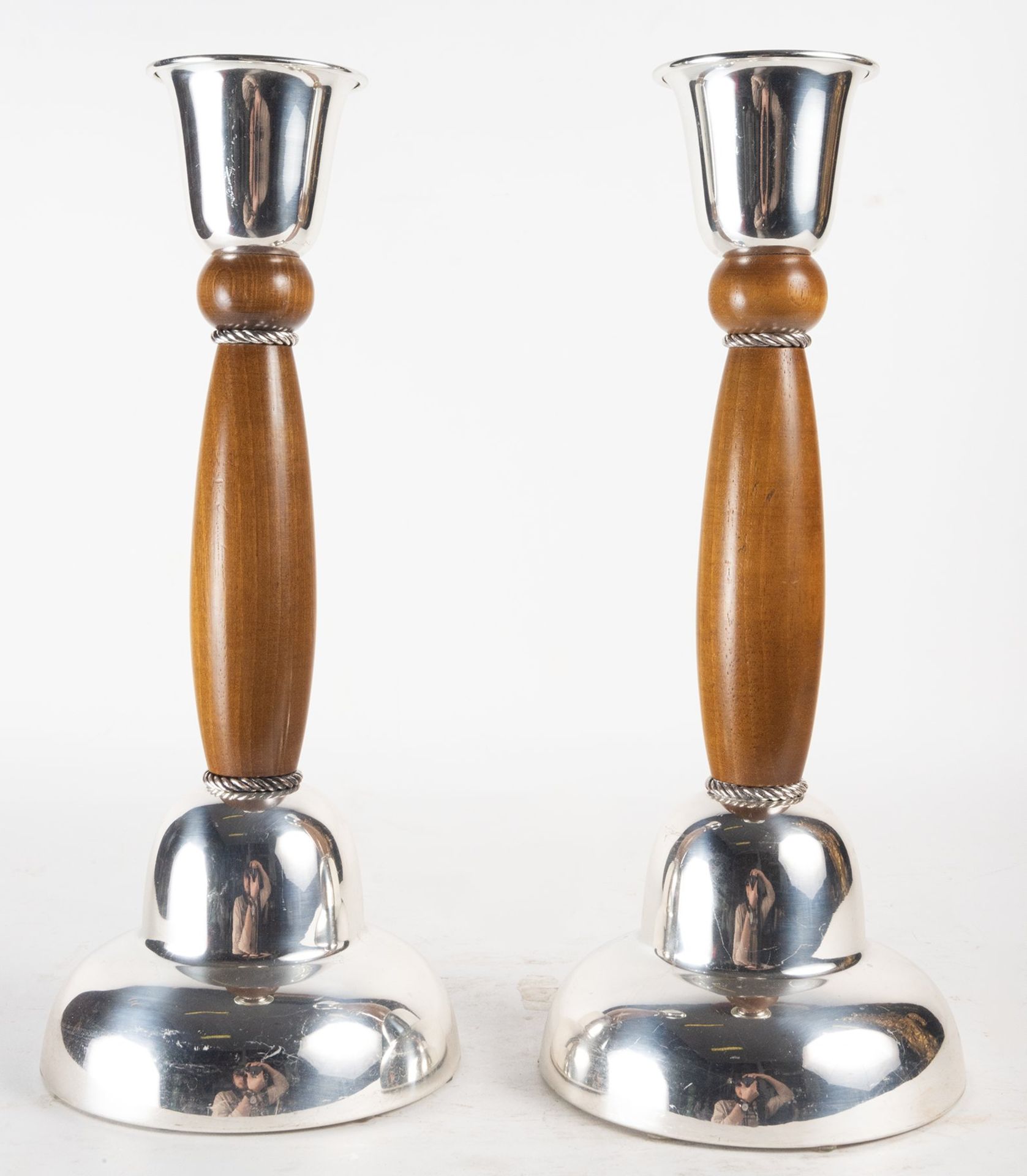 Pair of Metal and Wood Candlesticks, 1960s