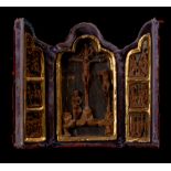 Rare Mexican Portable Triptych with velvet box and wood carving, 17th century colonial work