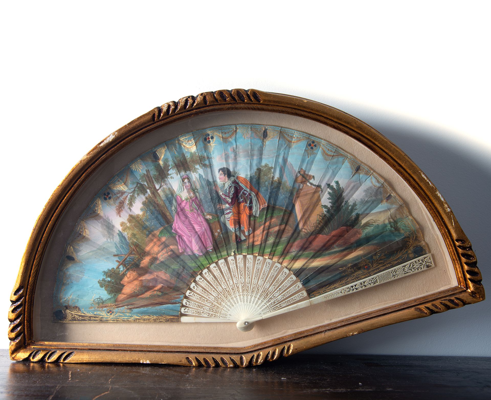 Fan with gallant scene of Romeo and Juliet hand painted in watercolor, 19th century