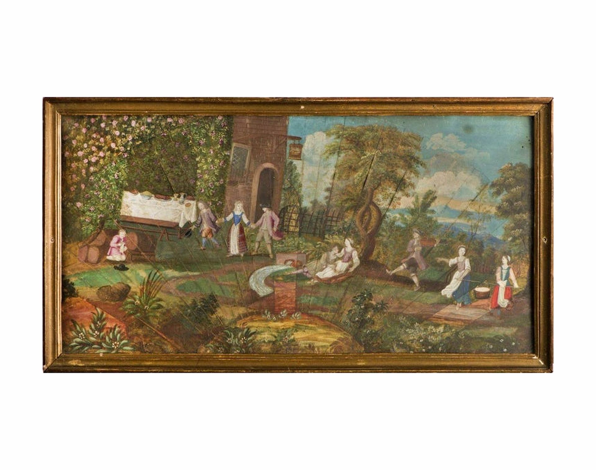 Flemish fan painted in oil, 18th century, representing a country scene