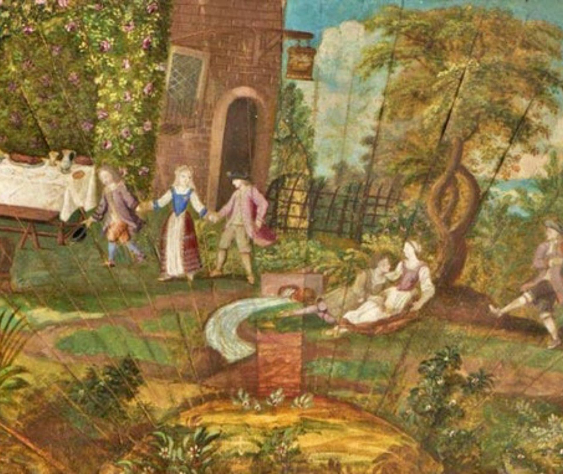 Flemish fan painted in oil, 18th century, representing a country scene - Image 2 of 4