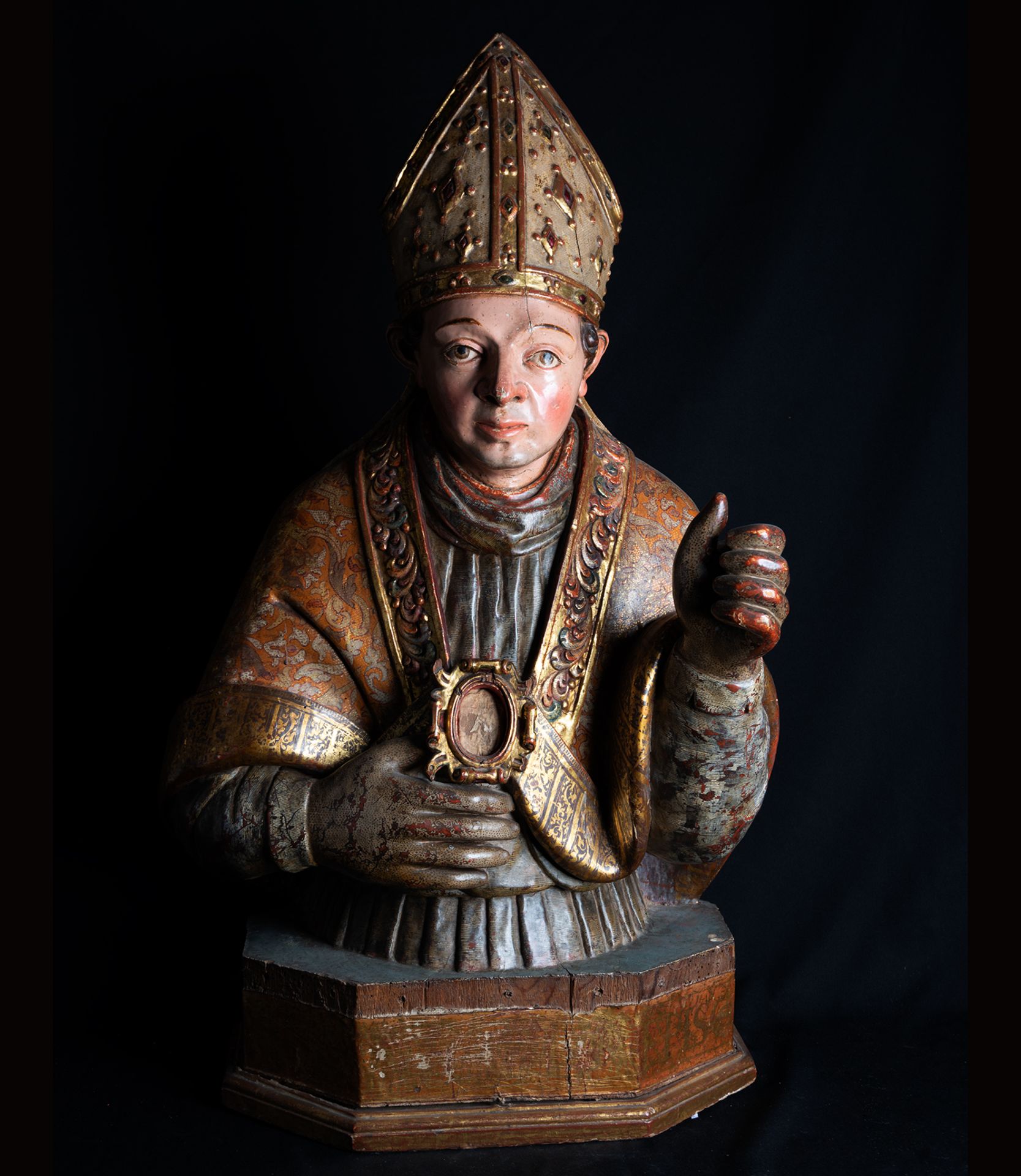 Very Important Life Size Reliquary Bust of Bishop, Spanish Renaissance school of the 16th century