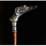 Victorian walking stick with silver greyhound head grip, England, 19th century