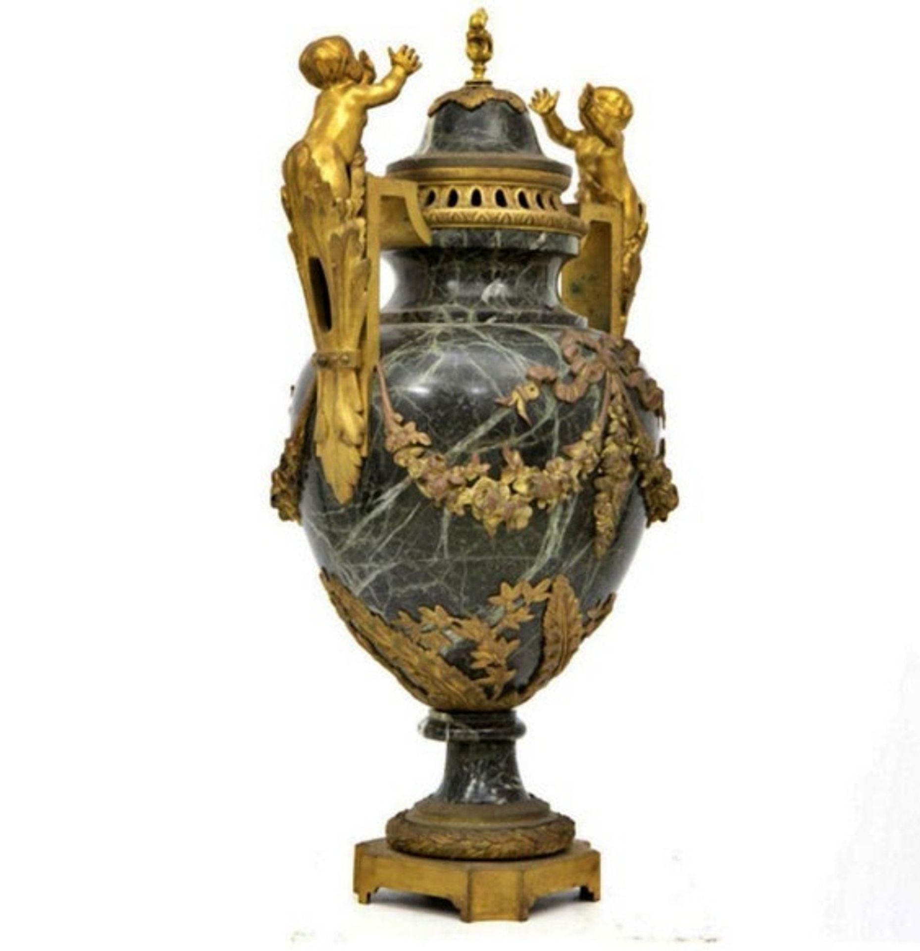 Large French censer vase in green marble and gilt bronze applications, 19th century - Image 2 of 4