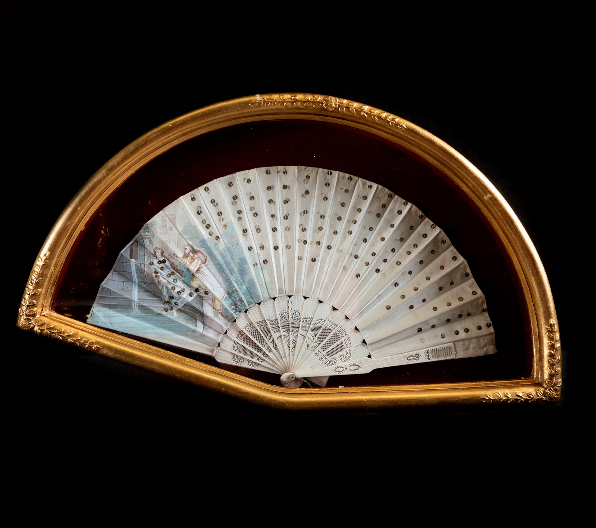 Silk fan painted with a Gallant Scene, carved bone body, 19th century