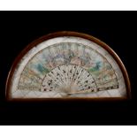 Hand-painted French fan with Characters in a gallant scene picking fruit, bone body, 19th century