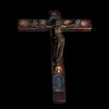 Rare Reliquary Cross in cedar with six relics and Mater Dolorosa inside, Italy, 17th century
