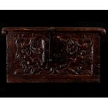 Rare colonial cedar chest with indigenous carvings on the front, Lima, 17th century, Viceroyalty col