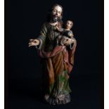 Important Saint Joseph with the Child in his arms, Guatemalan colonial school from the late 17th cen