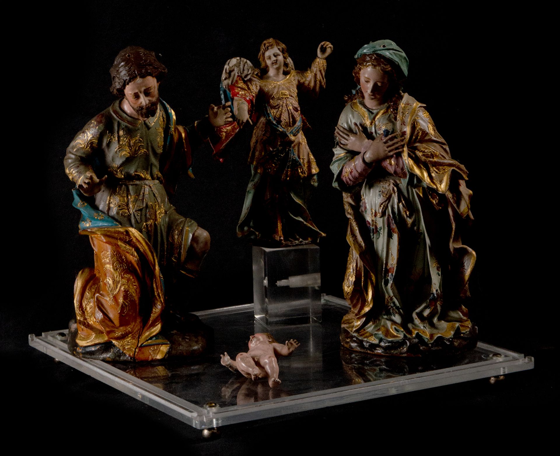 Exceptional Nativity scene in carved, gilded and polychrome wood, New Spain, Anonymous New Spanish m