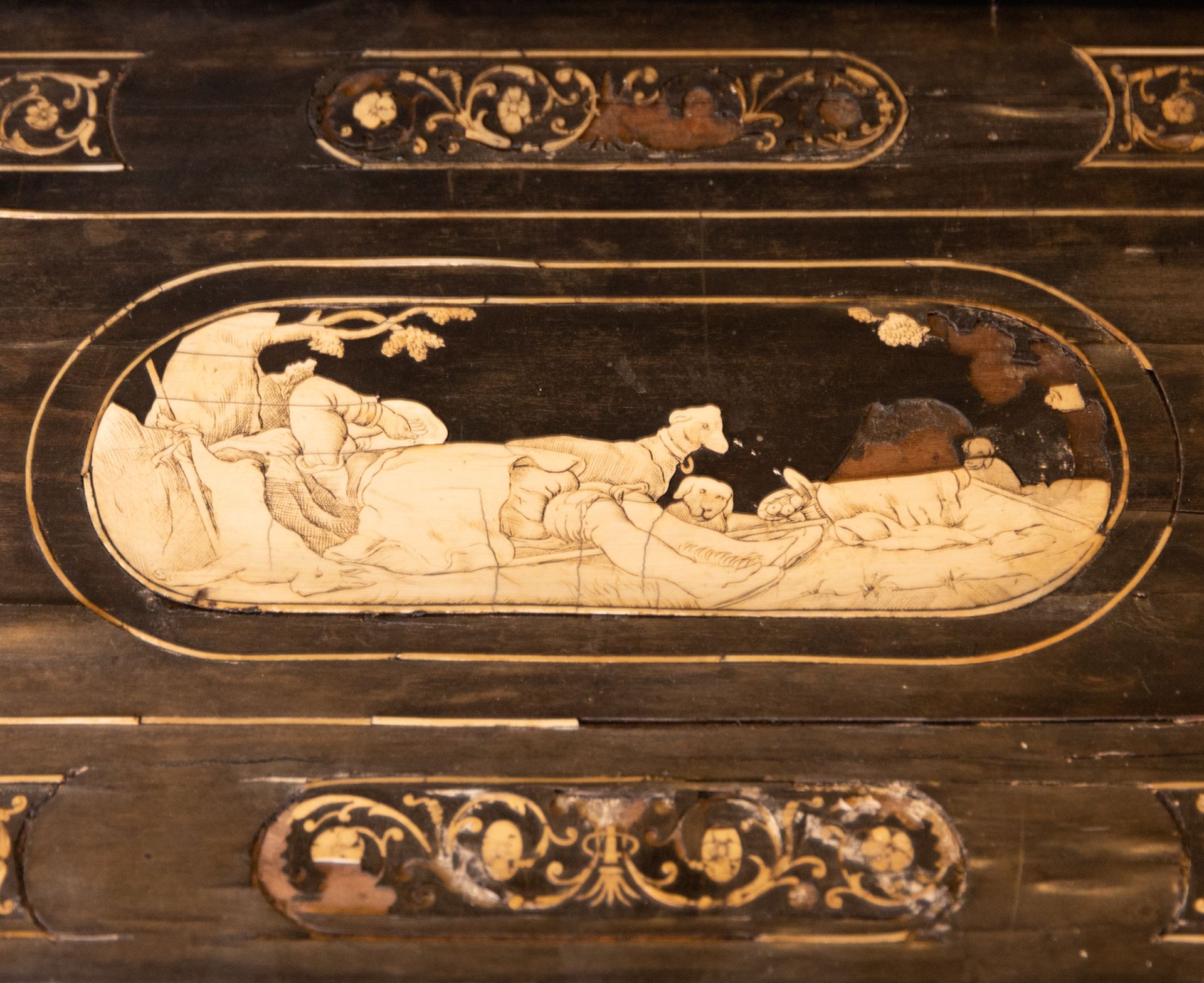 Exquisite Florentine Desk in ebony and bone inlay, signed Joseph Bertin(?)/Negt. de furniture ébene, - Image 6 of 9