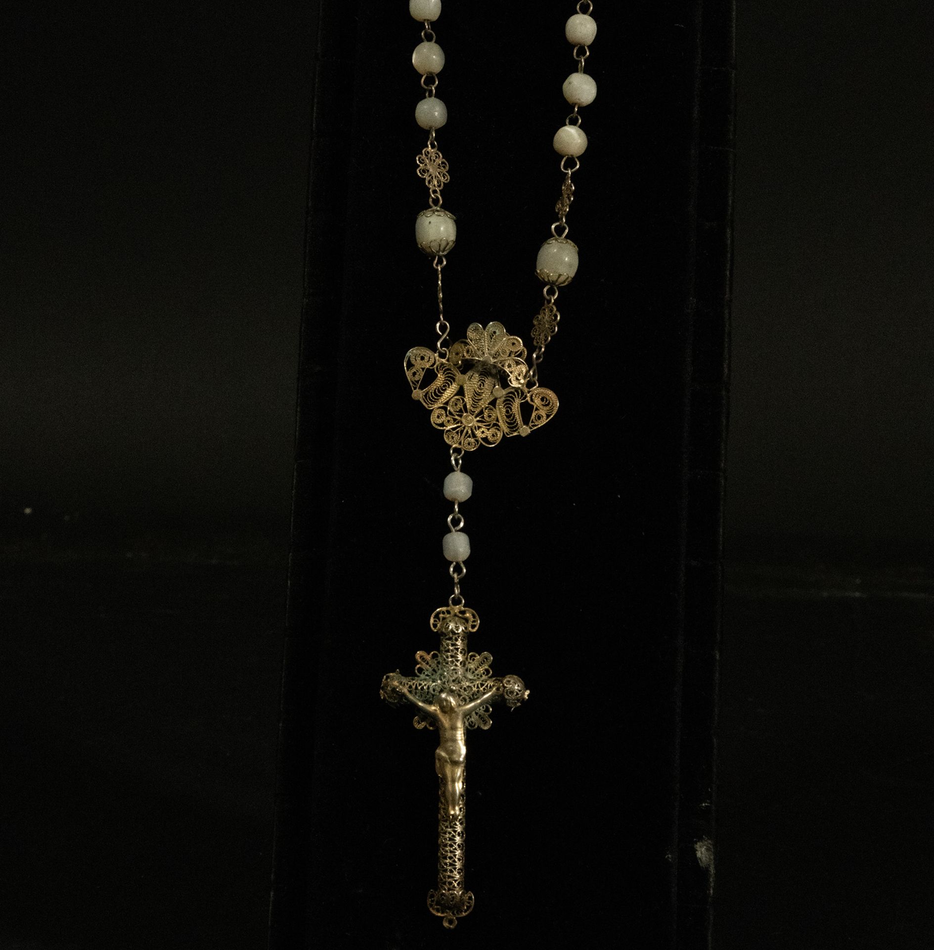 Silver filigree rosary and mother of pearl beads, early 19th century