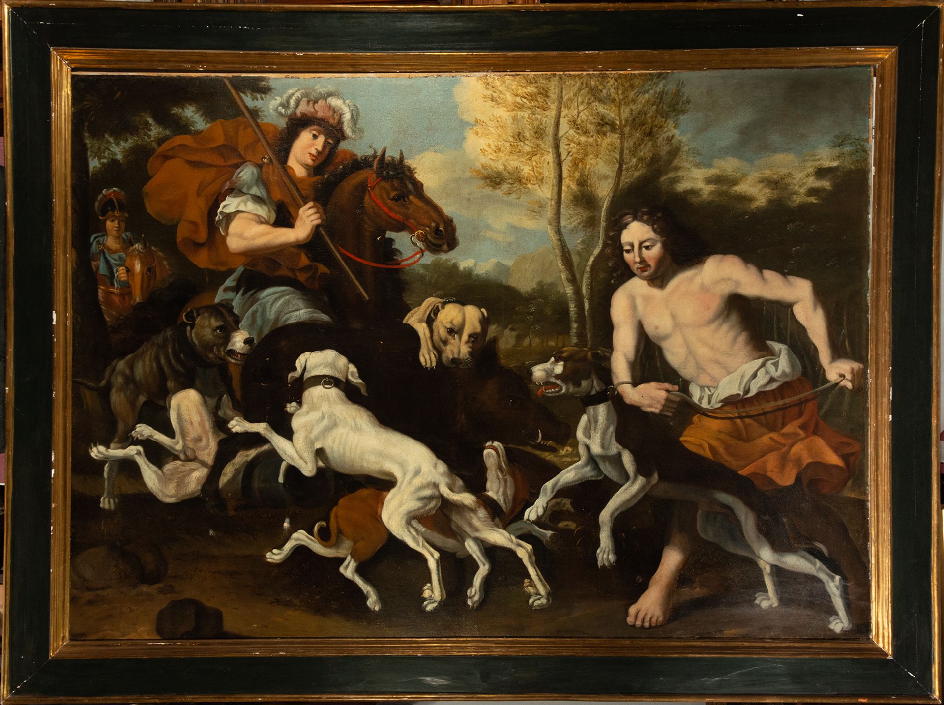 Large hunting scene representing the tying of the Wild Boar, attributed to Abraham Danielsz de Hondt