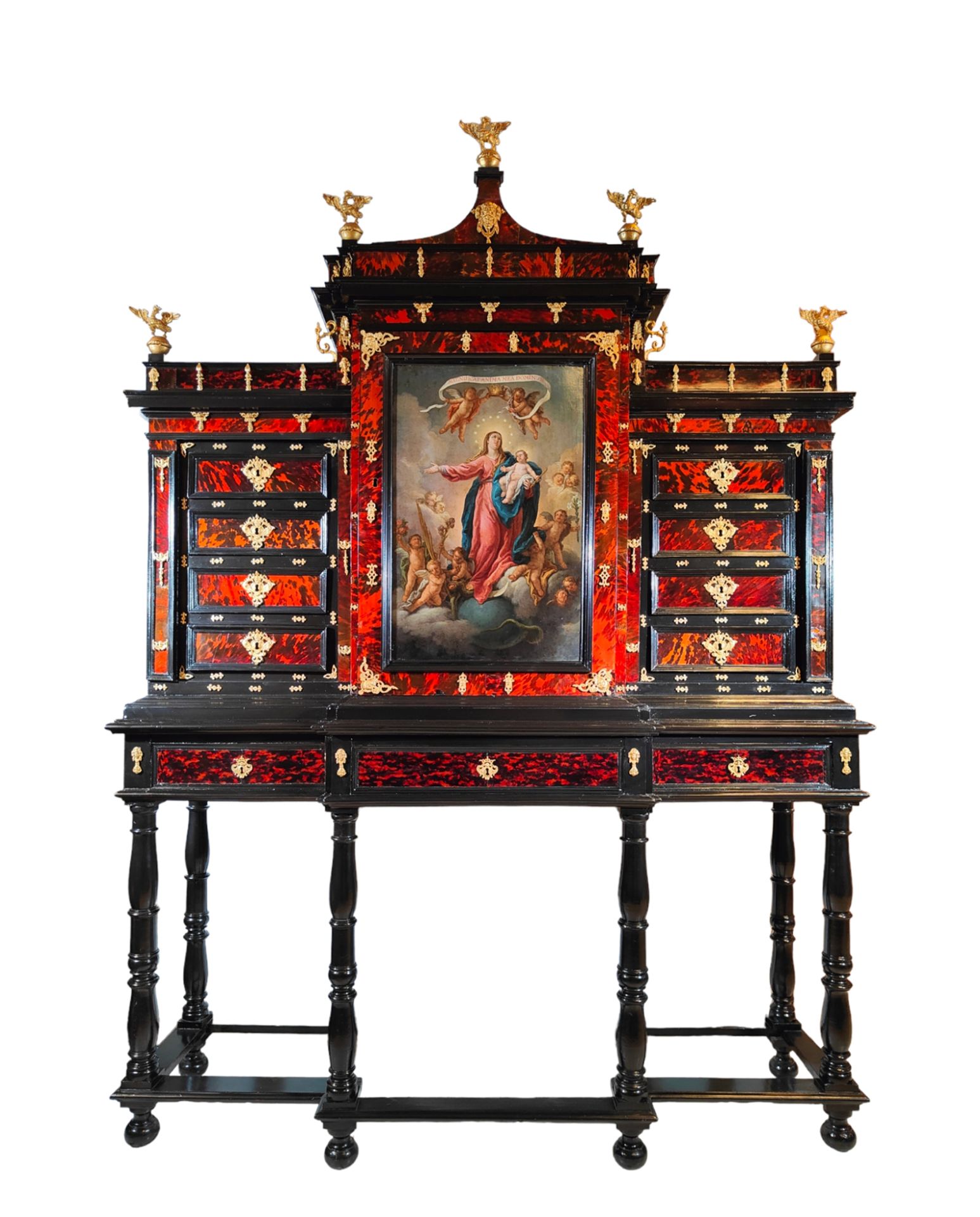 Very Important Large Italian Cabinet in ebony, gilt bronze applications, tortoiseshell, oil-painted 