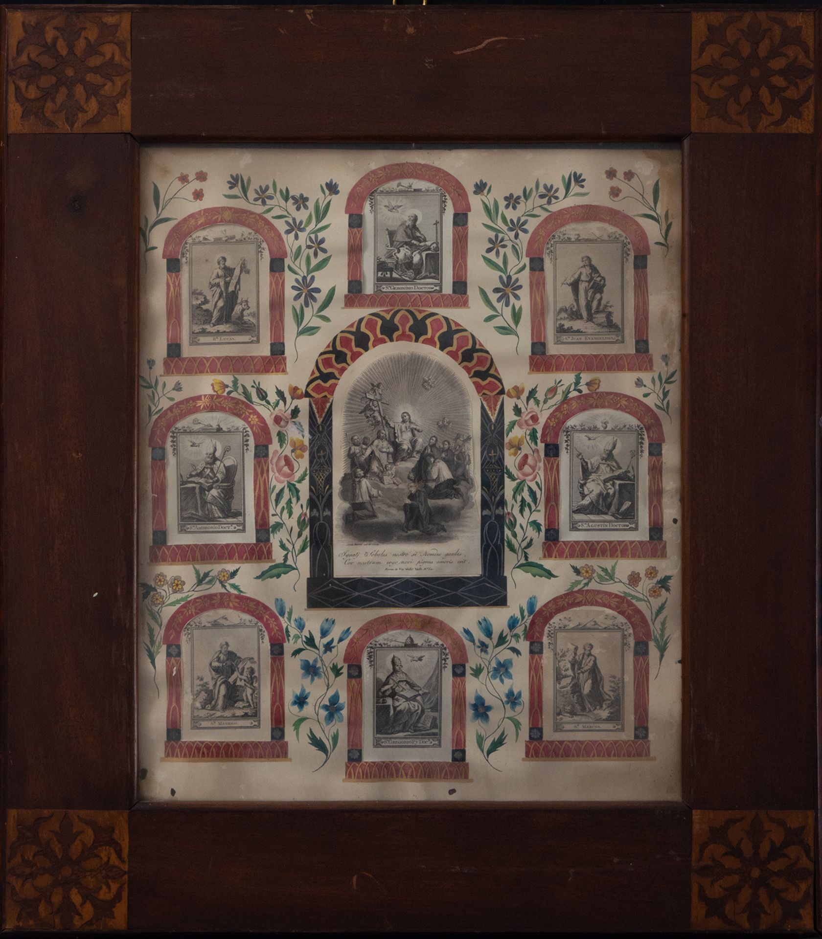 Pair of Italian Reliquaries in wallpaper framed with relics of various Martyrs, 18th century - Bild 6 aus 9