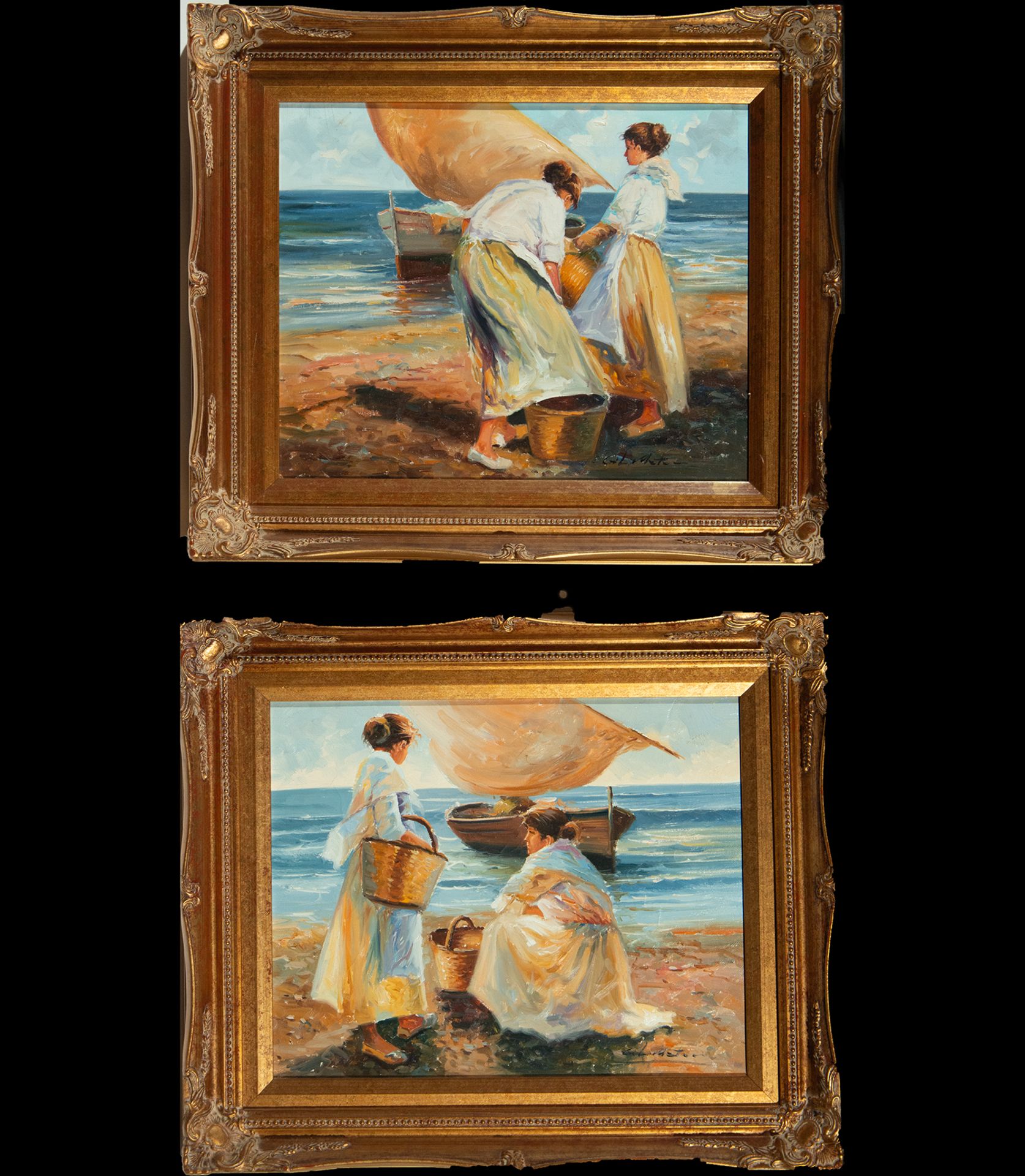 Mariscadoras, couple of oil paintings on canvas, after Sorolla y Bastida, Joaquín, Spanish school, 2