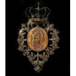 Virgin of Guadalupe in oval on board with mother-of-pearl inlays, new Spanish colonial 18th century