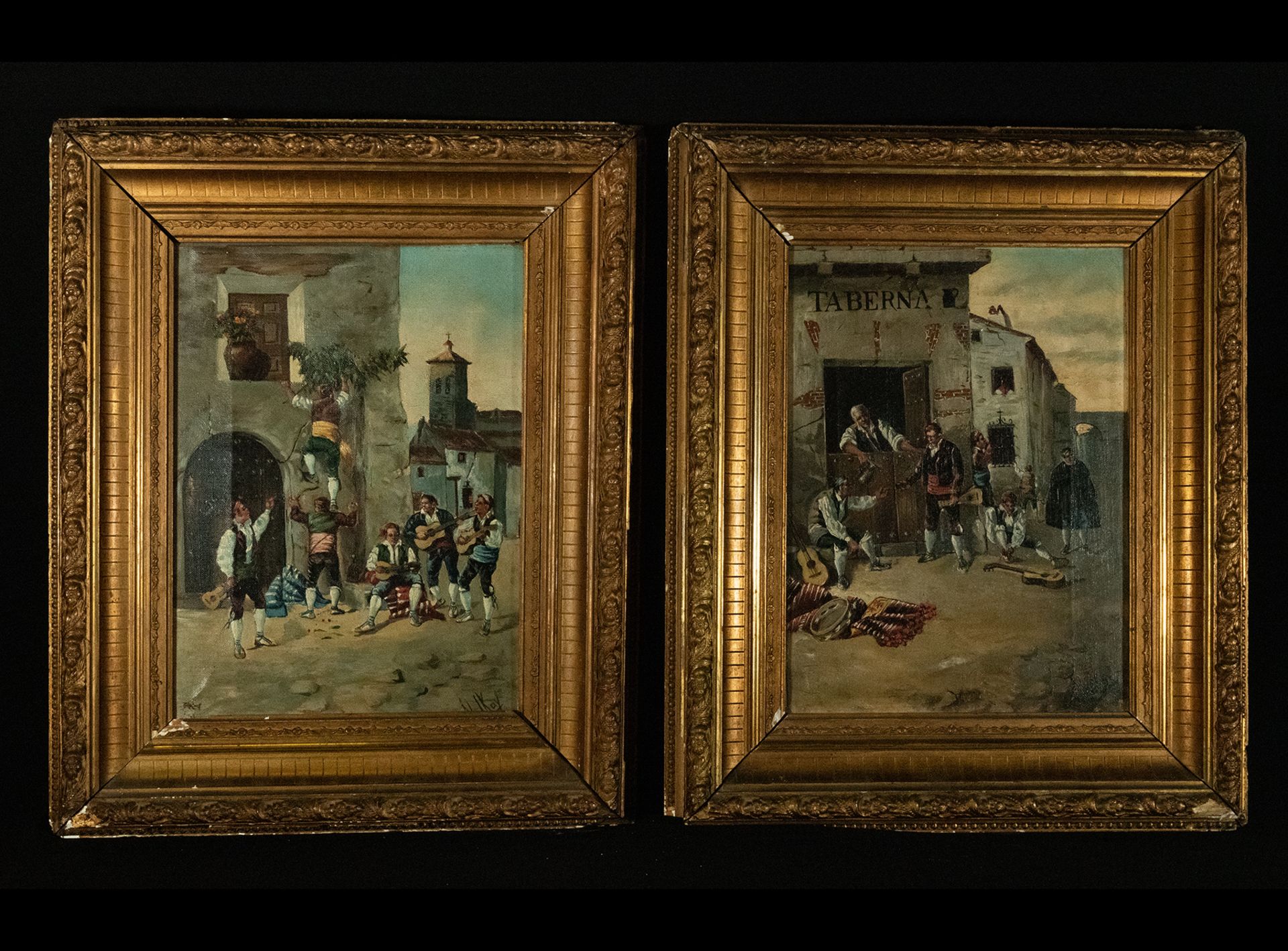 Pair of Andalusian Costumbrista Scenes on canvas, Polish or German painter, signed, 19th century cos