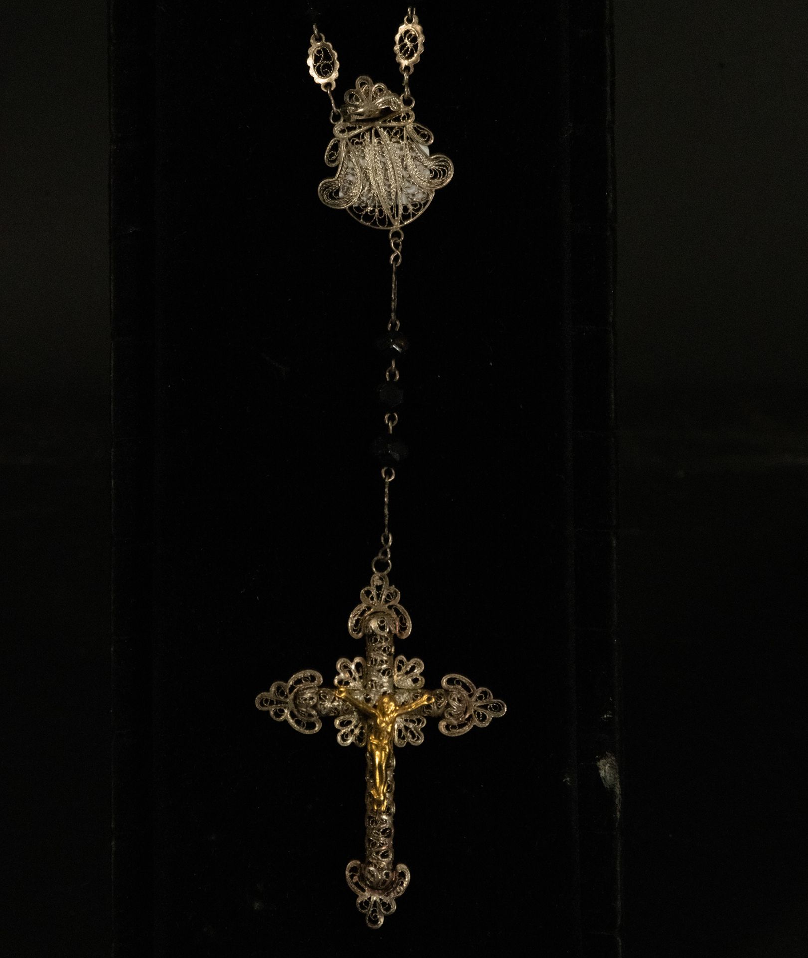 Rosary in faceted Jet beads and silver filigree, 19th century