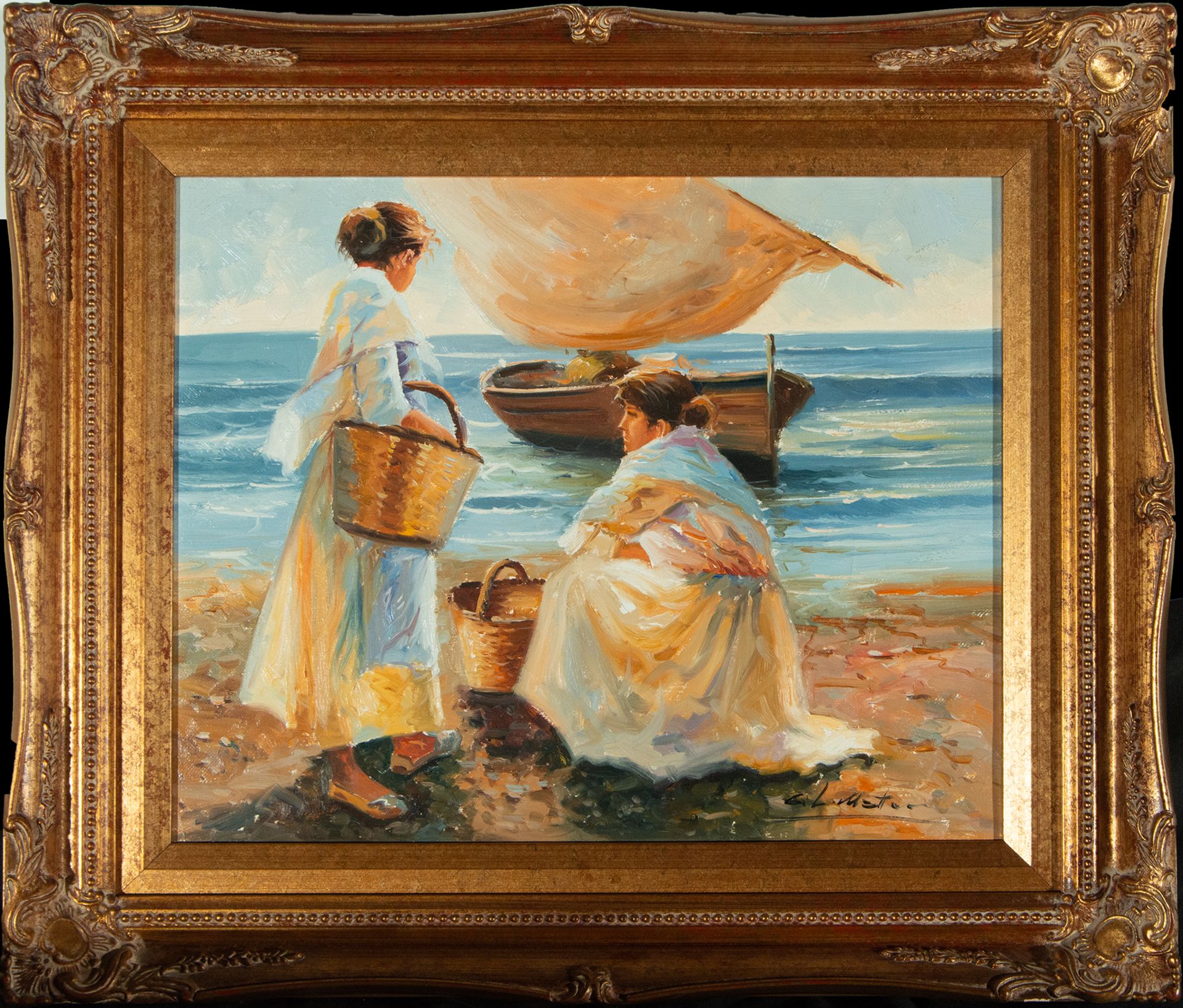 Mariscadoras, couple of oil paintings on canvas, after Sorolla y Bastida, Joaquín, Spanish school, 2 - Image 2 of 7