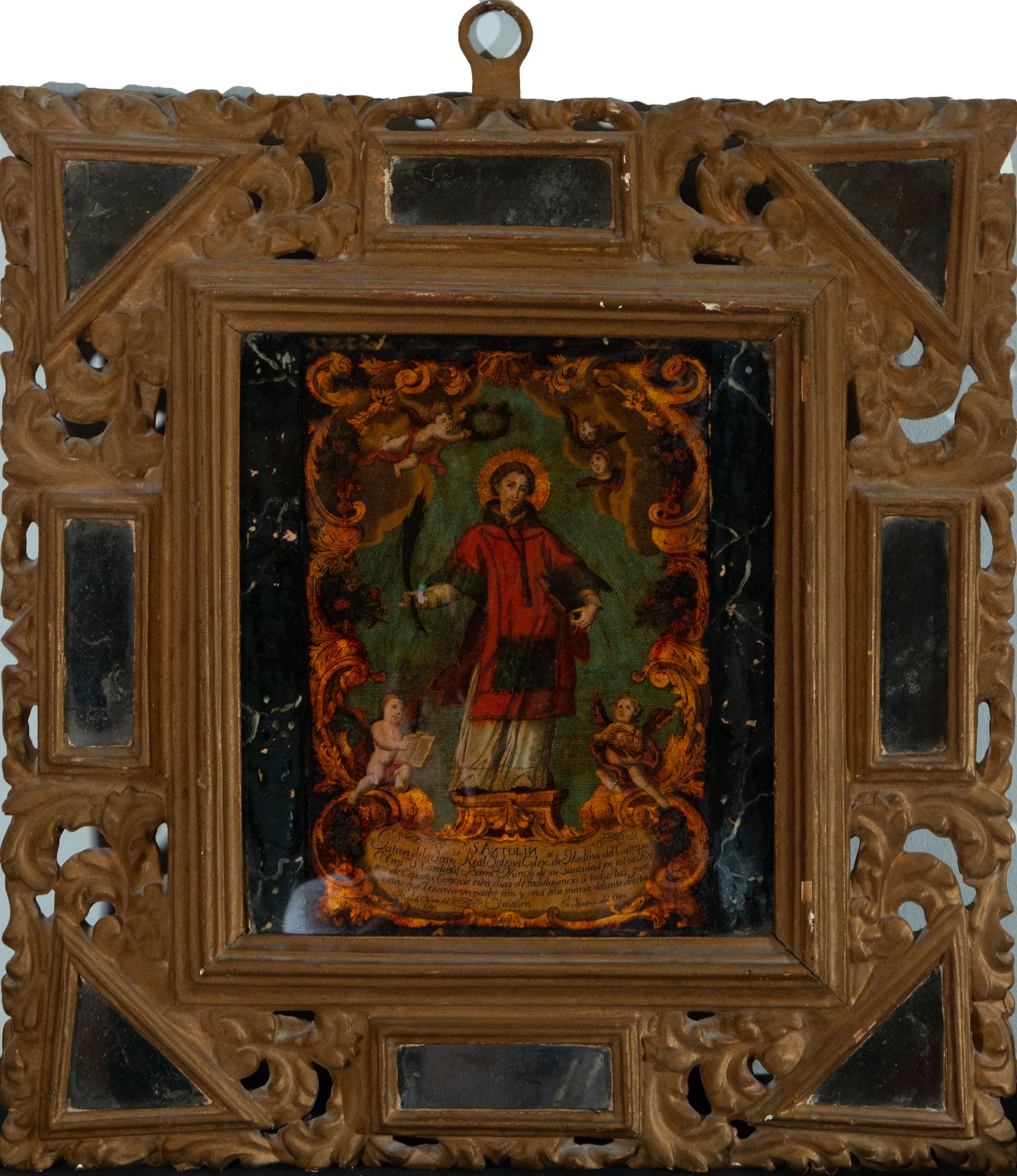 Cornucopia-type colonial Novohispano frame with mirrors from the early 18th century, with hand-paint