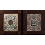 Pair of Italian Reliquaries in wallpaper framed with relics of various Martyrs, 18th century