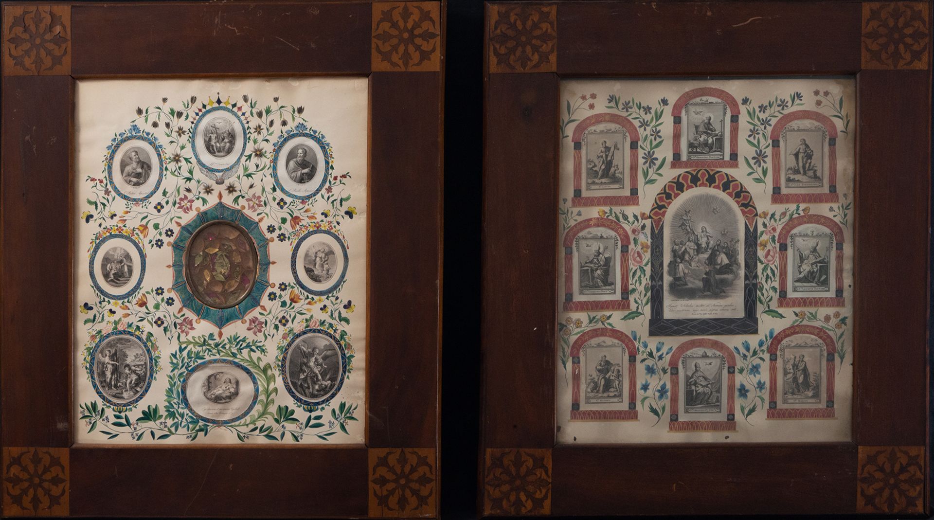 Pair of Italian Reliquaries in wallpaper framed with relics of various Martyrs, 18th century