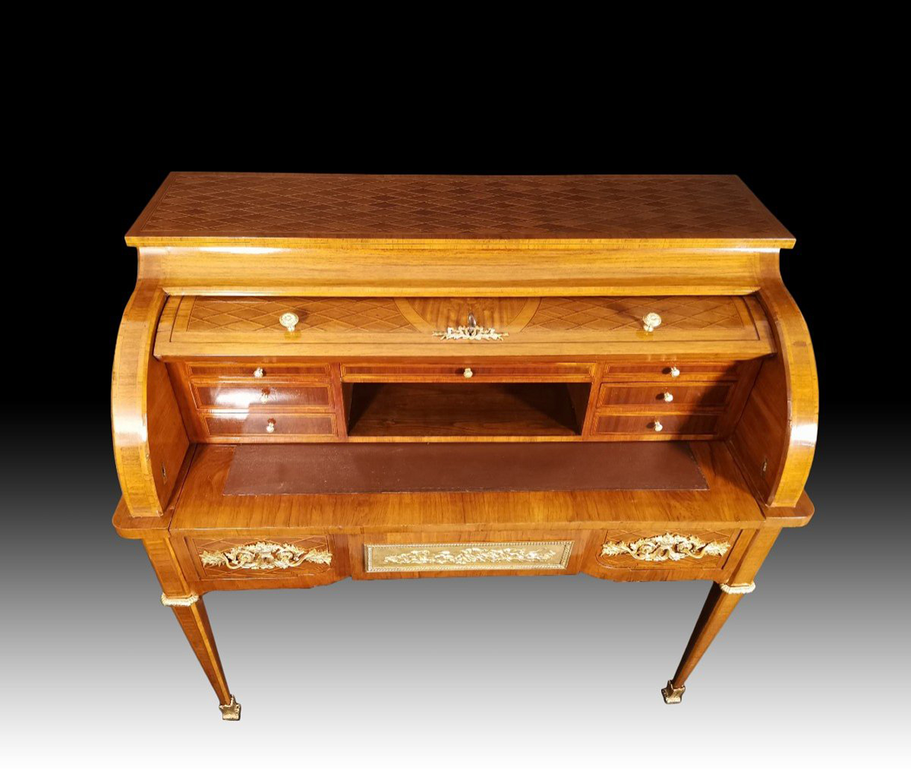 19th century cylindrical desk in Louis XVI style marquetry, 19th century