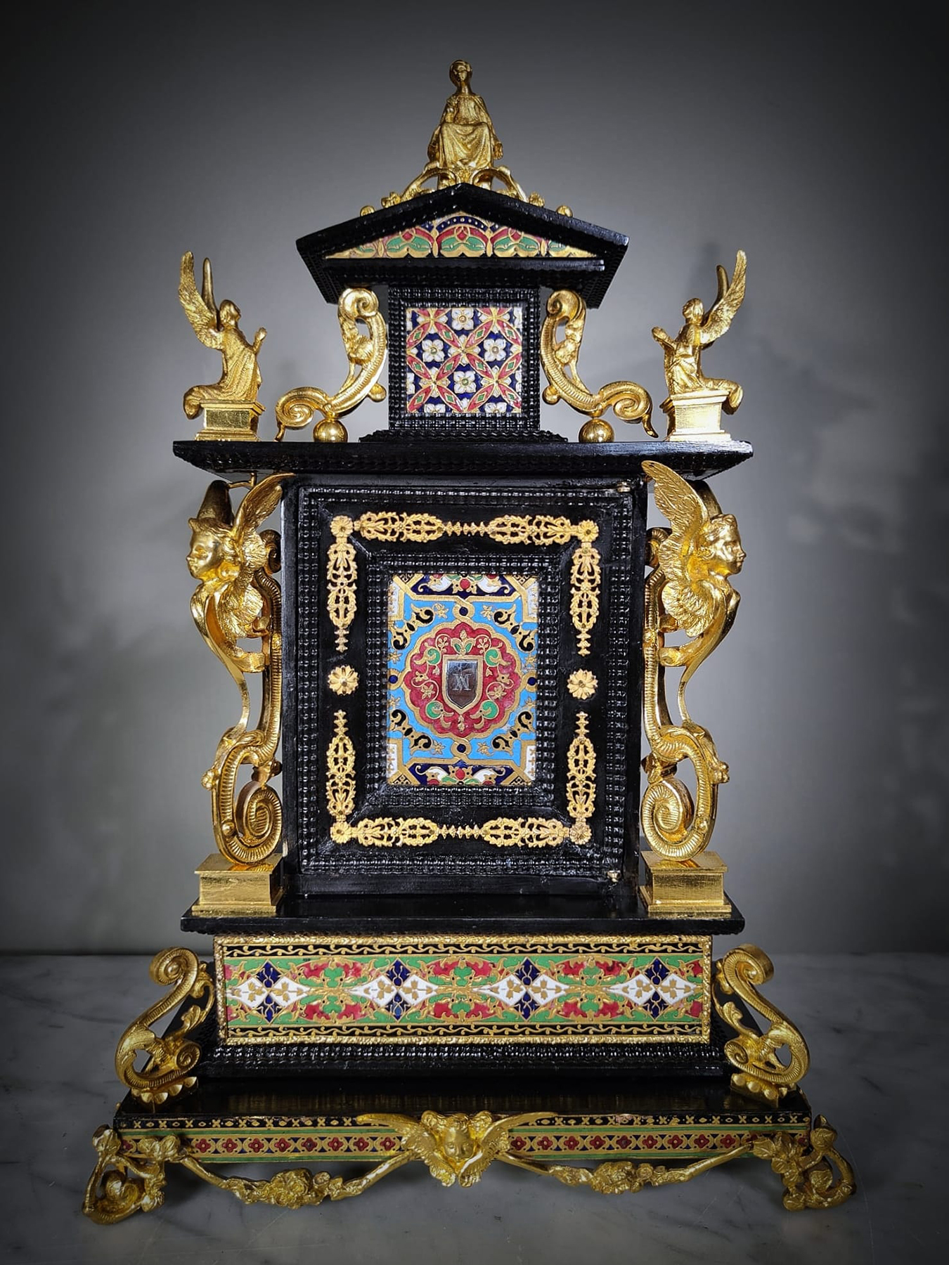 Italian Baroque tabernacle in mercury-gilt bronze, silver enamel and ebony, 19th century