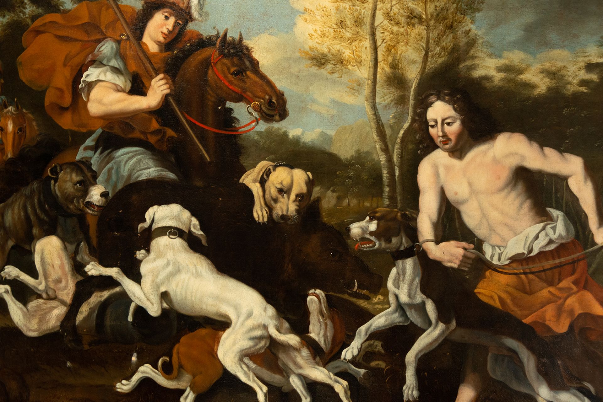 Large hunting scene representing the tying of the Wild Boar, attributed to Abraham Danielsz de Hondt - Image 2 of 6