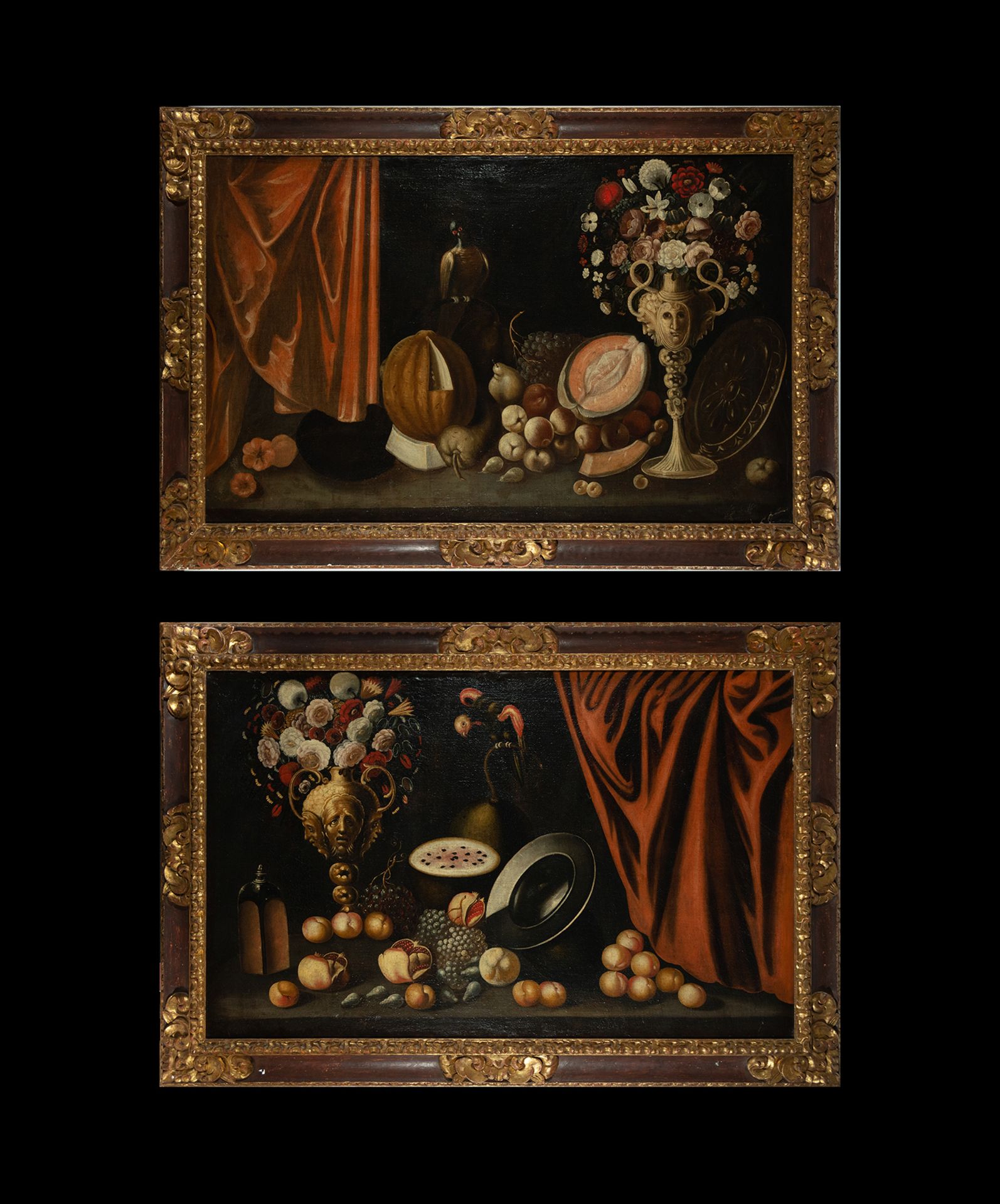 Magnificent Pair of Still Lifes with Summer Fruits and Birds, attributed to Blas de Ledesma, Spanish