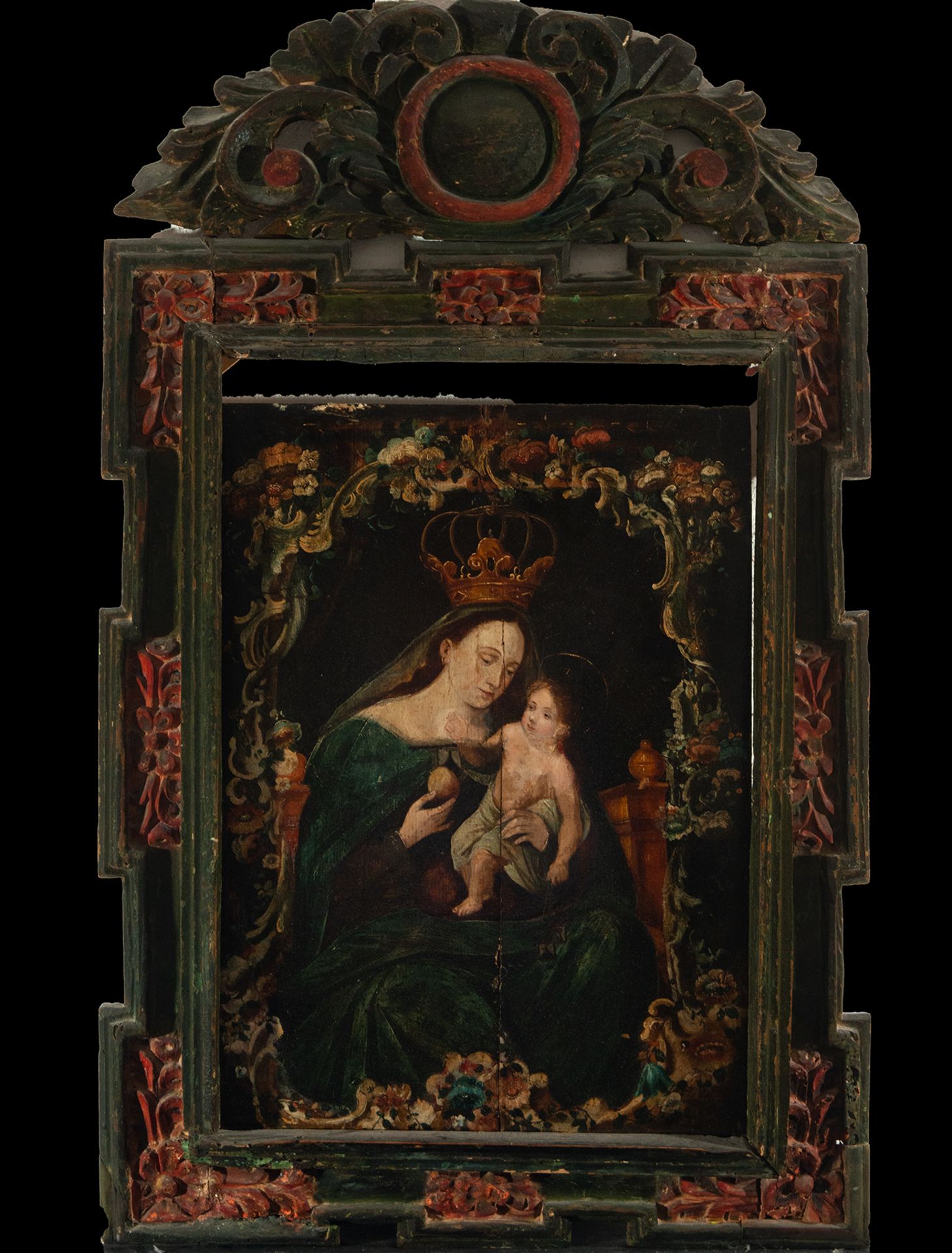 Virgin with Child, according to Flemish Gothic models, oil on panel, 18th - 19th centuries