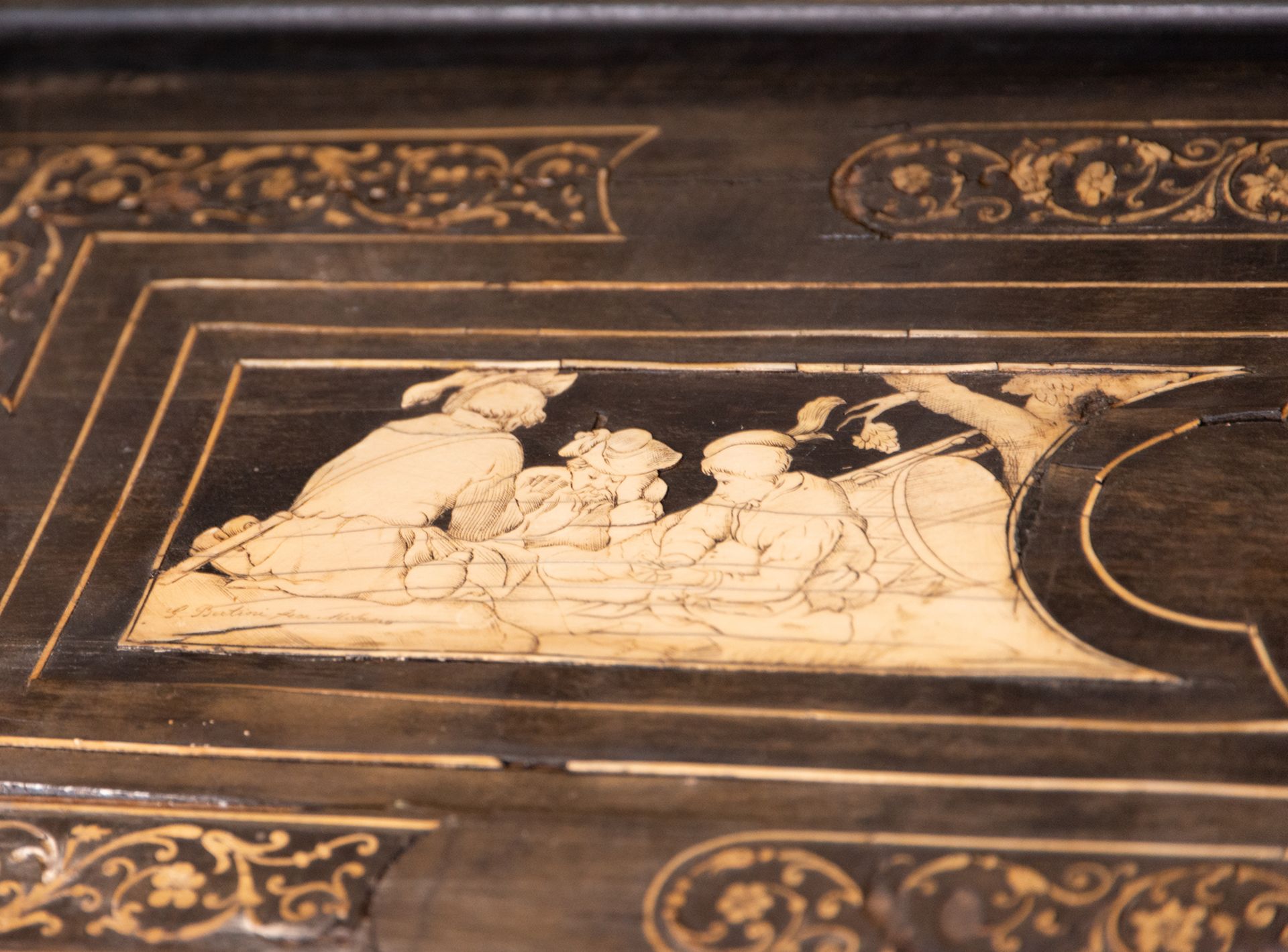 Exquisite Florentine Desk in ebony and bone inlay, signed Joseph Bertin(?)/Negt. de furniture ébene, - Image 4 of 9